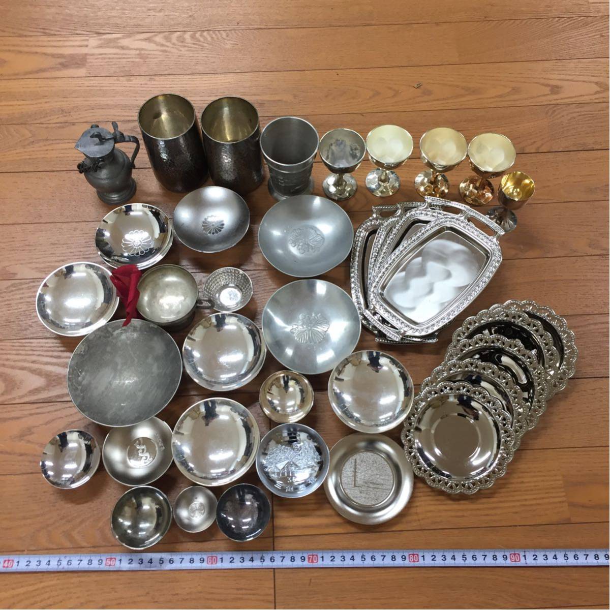 金属製品 まとめて 14点 シルバーカラー 錫製 銀製 ステンレス 銀メッキ 時代 42 盃 杯 酒器 錫 純銀 プレート SP 洋銀 SILVER F まとめて 総