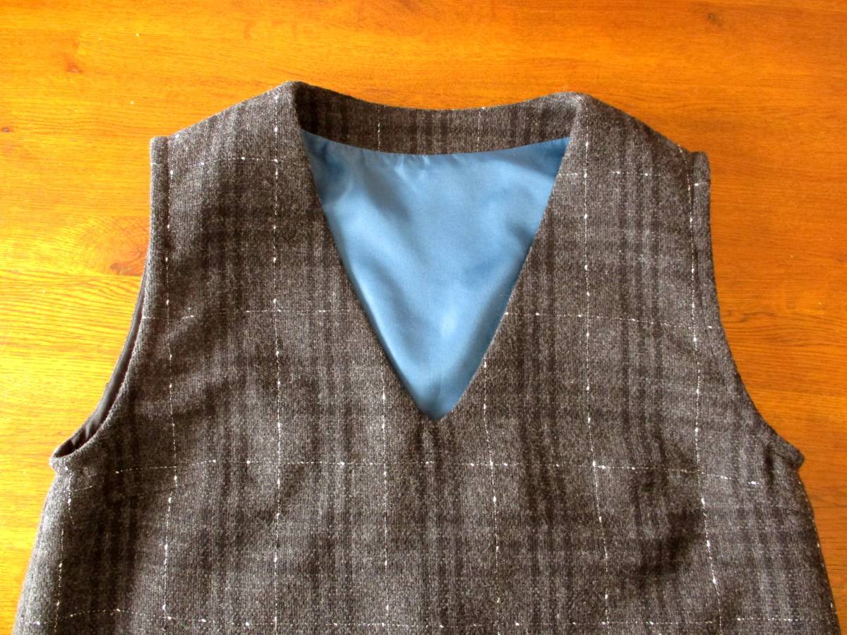 ハンドメイド☆裏地付き ウール チェック 深Vネック ジャンパー 