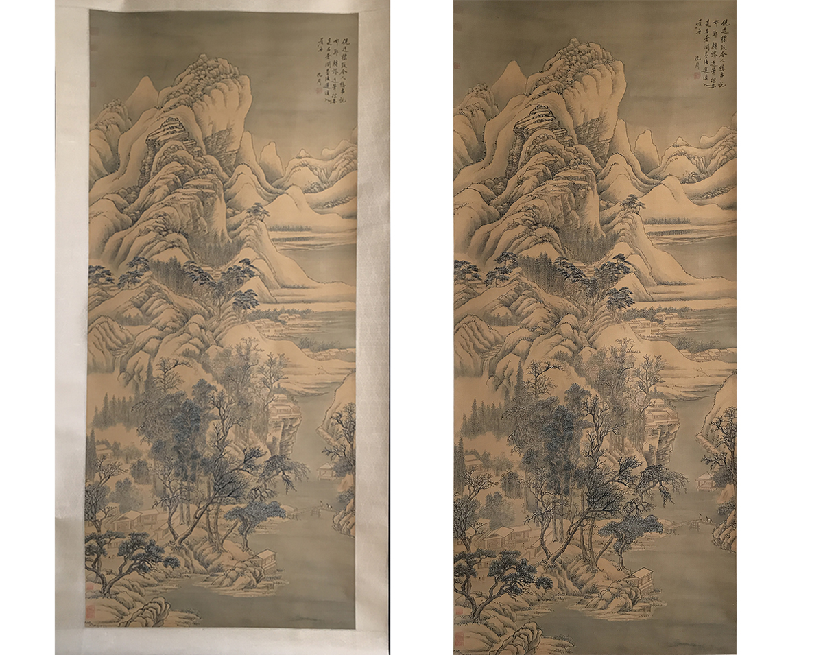 中国古美術 王鑑作款 水墨画 山水画 詩文付き 三尺 絹本 手描き 唐物 肉筆 掛け軸 瀋周 山水図精品 中国明代書画家 唐物 唐本 中國美術 肉筆保證