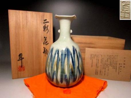 ☆人間国宝 加藤卓男 辰砂花入 栞付 艶やかな景色美しい逸品w351