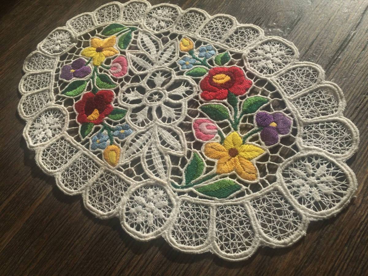 フランス レース ドイリー 花刺繍 アンティーク/ヴィンテージ 
