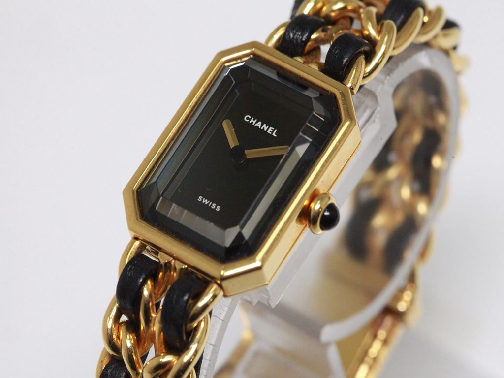 可動品【CHANEL/シャネル】プルミエール　PLAQUE OR G20 M　カットガラス　ゴールド×ブラック　レディース腕時計　箱付き　t286