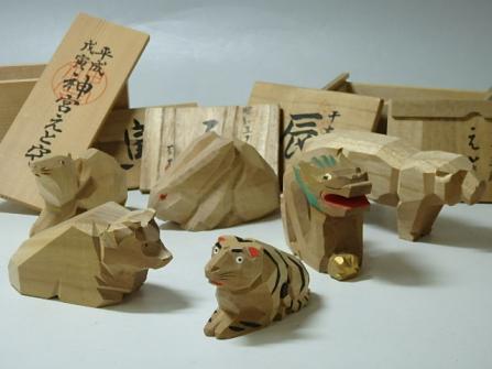 ○春日大社・伊勢神宮など【一刀彫 干支守6点】木箱入 虎(1番大きな