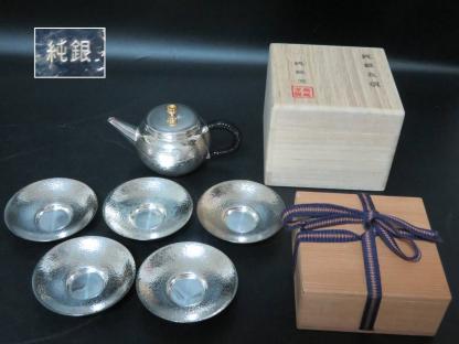純銀】銀瓶急須134g 純銀茶托179g 茶器セット 湯沸し 水注 鎚目 煎茶