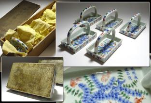 ∇花∇中国古美術 清朝期 南京赤絵藻遊魚之図手付鉢 五客揃 時代箱付