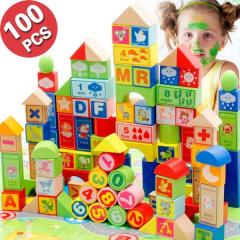 ★遊びながら学ぶ木製積み木セット★英語・色・数字/100ピース_1