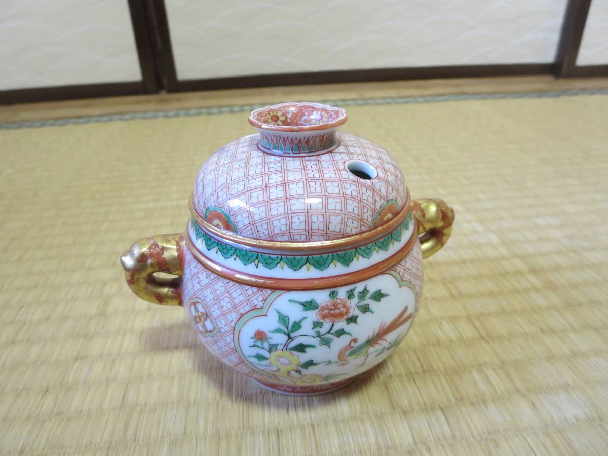 四代三浦竹泉・赤絵金彩地紋花鳥文香炉 【公式通販】