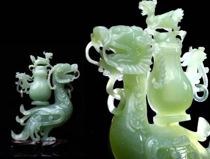 ◇澄◇ 中国古玩 玉製 翡翠 龍雲鳳凰彫刻香炉 特大236cm 115kg 細密彫