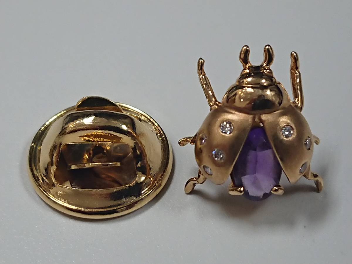 ブローチ/ピンズ】K18刻印 てんとう虫 紫石付 メレダイヤ? 天道虫 