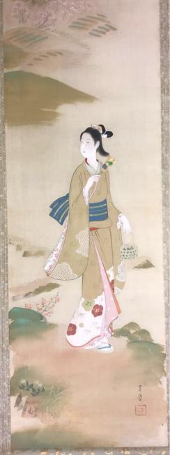 横尾芳月／「美人画」 掛軸 絹本 横尾芳月《美人画》絹本まくり Z180｜骨董店 のびる 古美術 骨董 和風