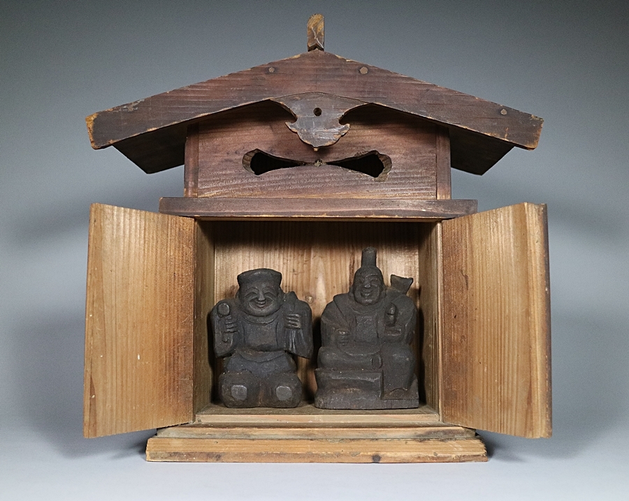 時代縁】買取品、時代 木彫 大黒天.恵比寿 厨子入 NO.943 珊瑚彫刻 