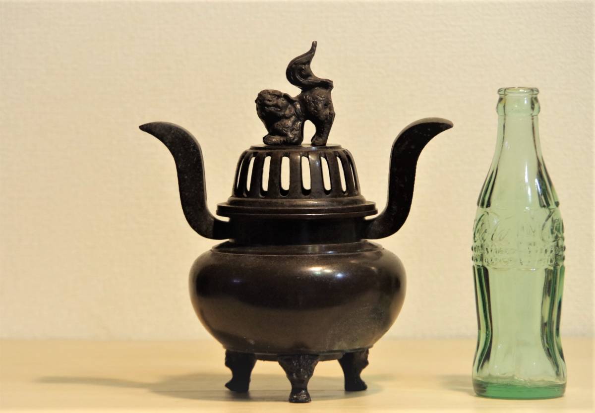 全高22cm 銅器大型獅子香炉 中国美術 時代 三足 獅子香炉 宣徳銅製