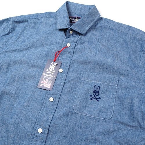 803410 新品 Psycho Bunny サイコバニー 5分丈袖シャンブレーシャツ 0 3F1 Bunny｜サイコバニー Psycho 公式ブランド メンズ ラバーロゴバニー Tシャツ｜Psycho