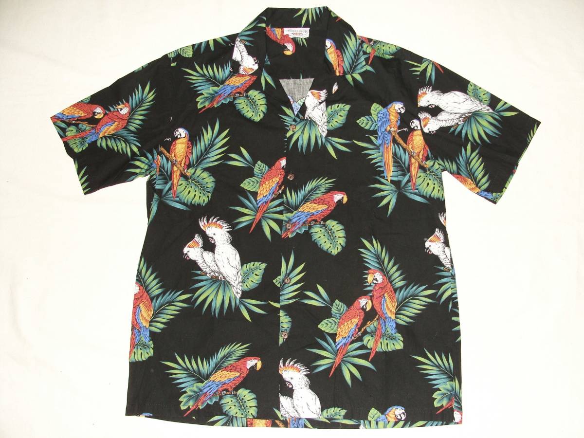 美品 USA HAWAII製 コットン アロハ シャツ オウム柄 サイズL 黒 ブラック ハワイ製 Pacific Legend