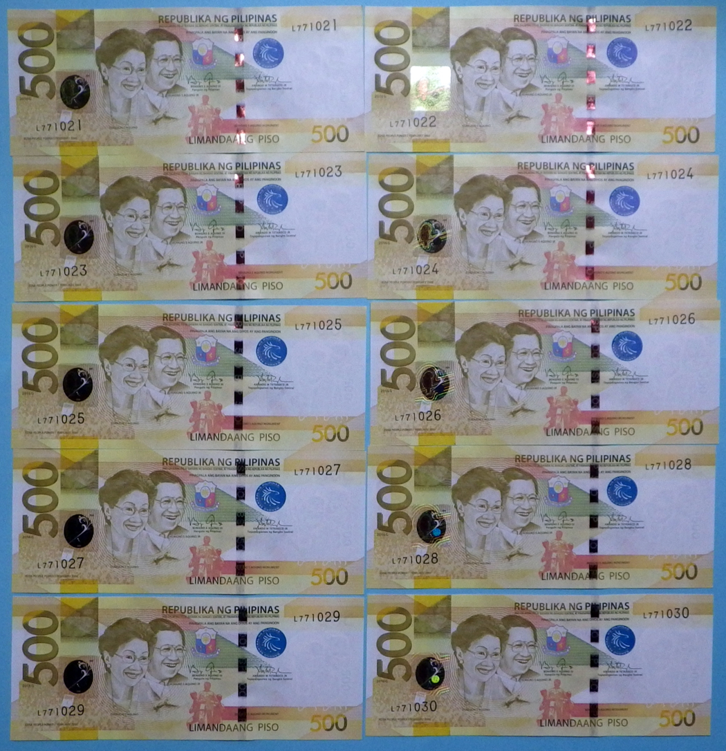 世界の紙幣【フィリピン共和国】現行500ペソ 連番十枚 5，000ペソ 2016