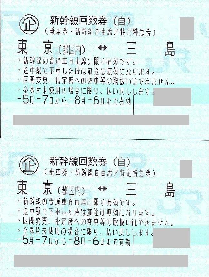 大黒屋★8/6迄　東京(都区内)⇔三島　新幹線　自由席回数券　２枚セット