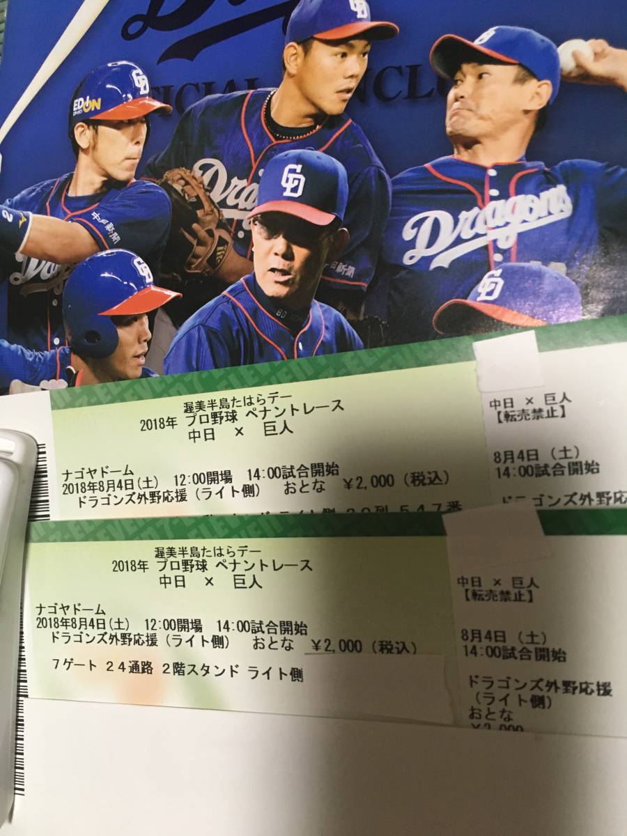 中日 座席表・チケット料金一覧（レギュラーシーズン）：チケット 8⁄17 