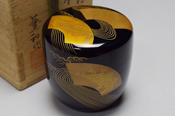 七七七】「 輪島塗 今田北仙 流水 扇面蒔絵 中棗 」薫和合せ箱 茶道具