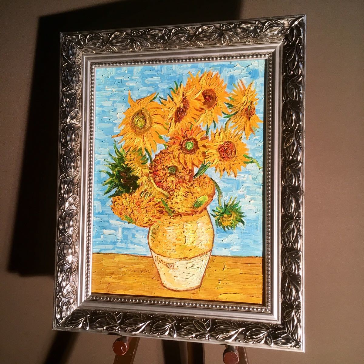 ☆秀作☆ 手書き油絵 ゴッホ ひまわり 青 額付 絵画 油絵 インテリア