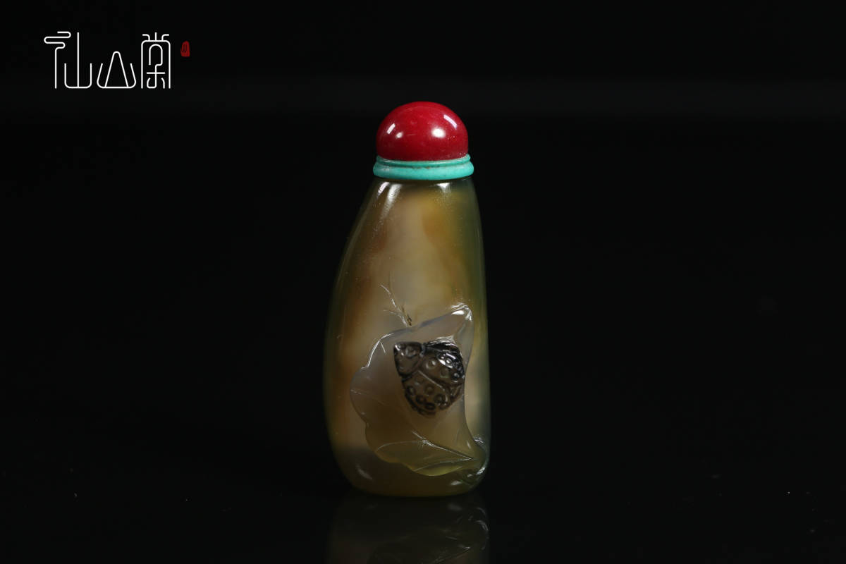 1808B17011】中国古工芸 清 貴重 百年老鉱瑪瑙 天然石『蟲趣』鼻煙壷