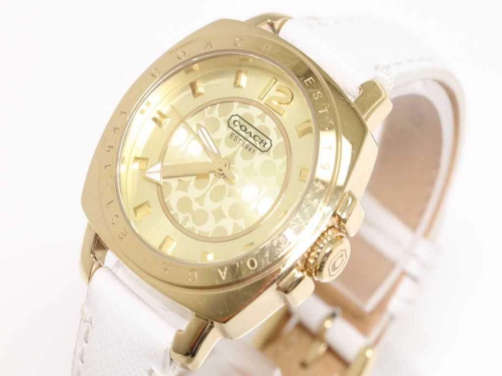 可動品【COACH/コーチ】ゴールド×シグネチャー柄ダイヤル ラウンドフェイス ホワイトレザーベルト QZ レディース腕時計 ハ946