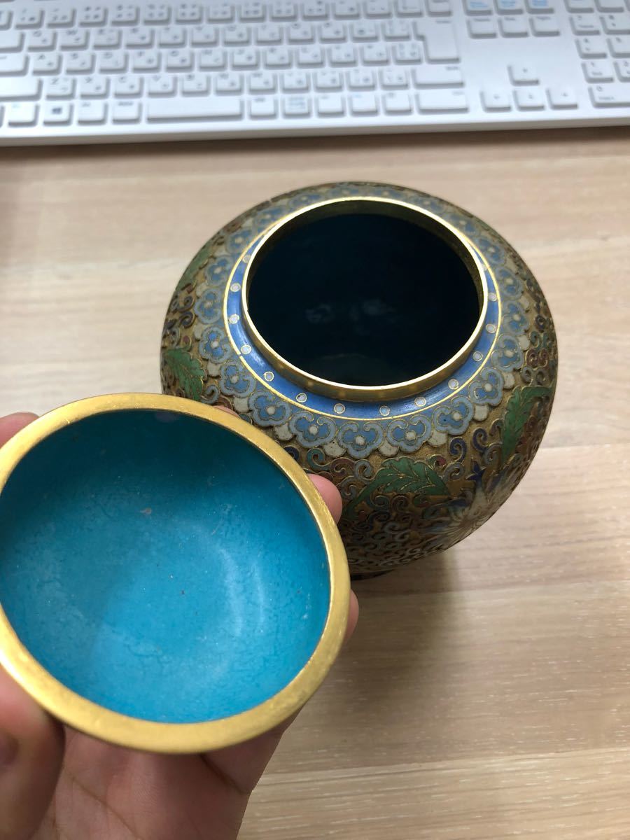 中国七宝焼 景泰藍 喜鵲梅紋 ミニ茶器セット 置物 飾り皿付き 七宝焼