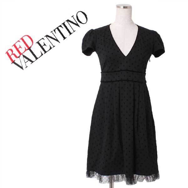 RED VALENTINO 裾チュール ドット柄 フロッキープリント ワンピース sizeXS ブラック レッド ヴァレンティノ