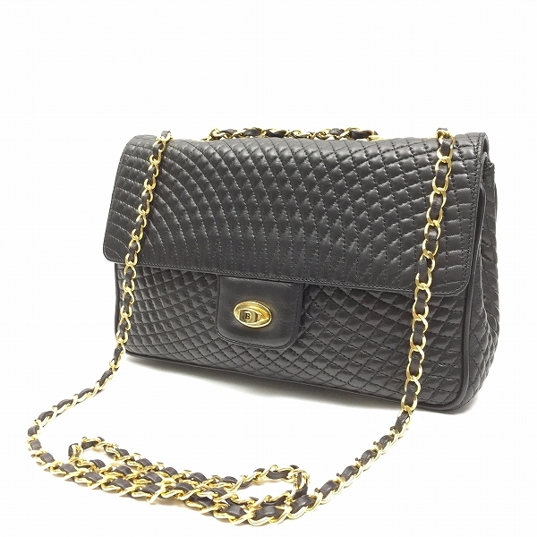 BALLY レザーショルダーバッグ 黒 保存袋付 ○バリー レザー ショルダーバッグ チェーン 黒ブラック 袋付き I13