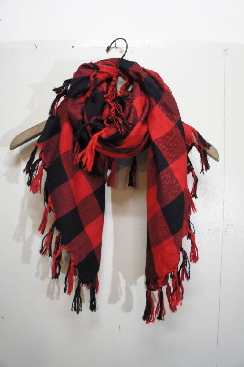 美品08AW NUMBER (N)INEナンバーナイン ブロック チェック柄 シルク×カシミヤ ストール マフラー 赤黒428I