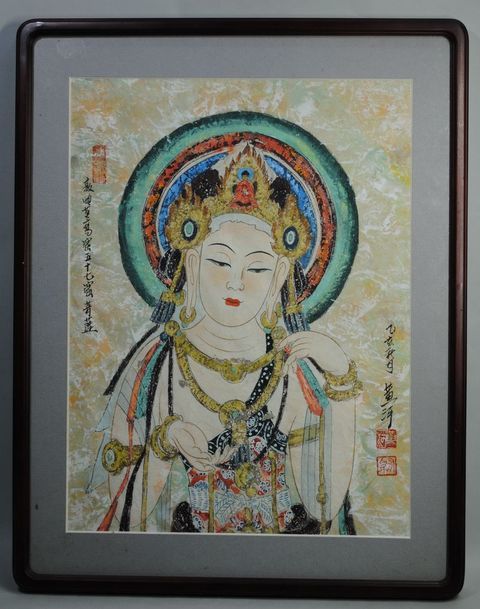 中国 仏教美術 在銘 落款在？河？作 仏画「敦煌莫高窟五十