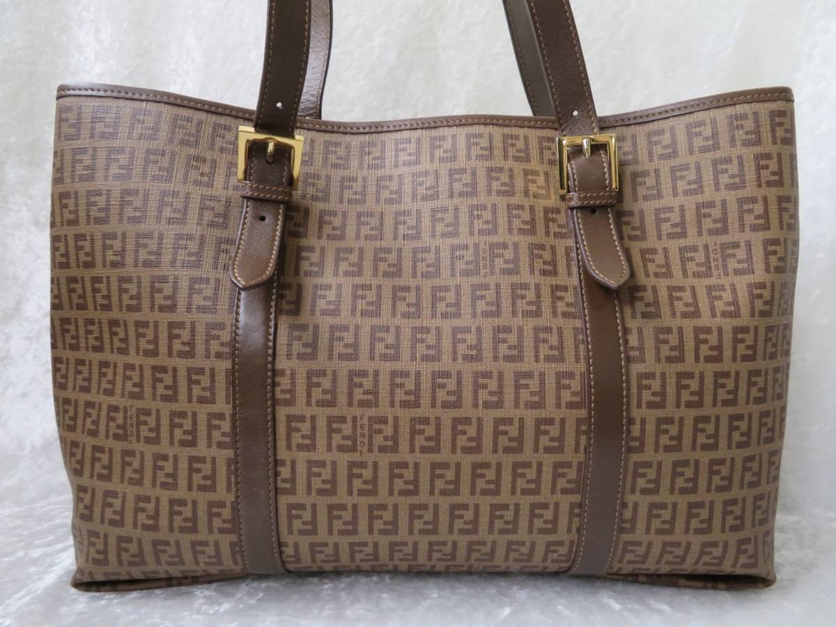 良品】FENDI フェンディ/ズッキーノ柄/PVC×レザー/ブラウン 茶/トート