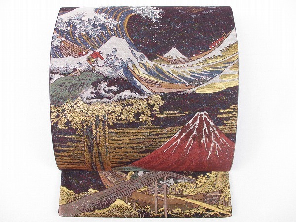 着物ふぁんた□本金箔 浮世絵 北斎画 富嶽三十六景 全通袋帯 美品 k673