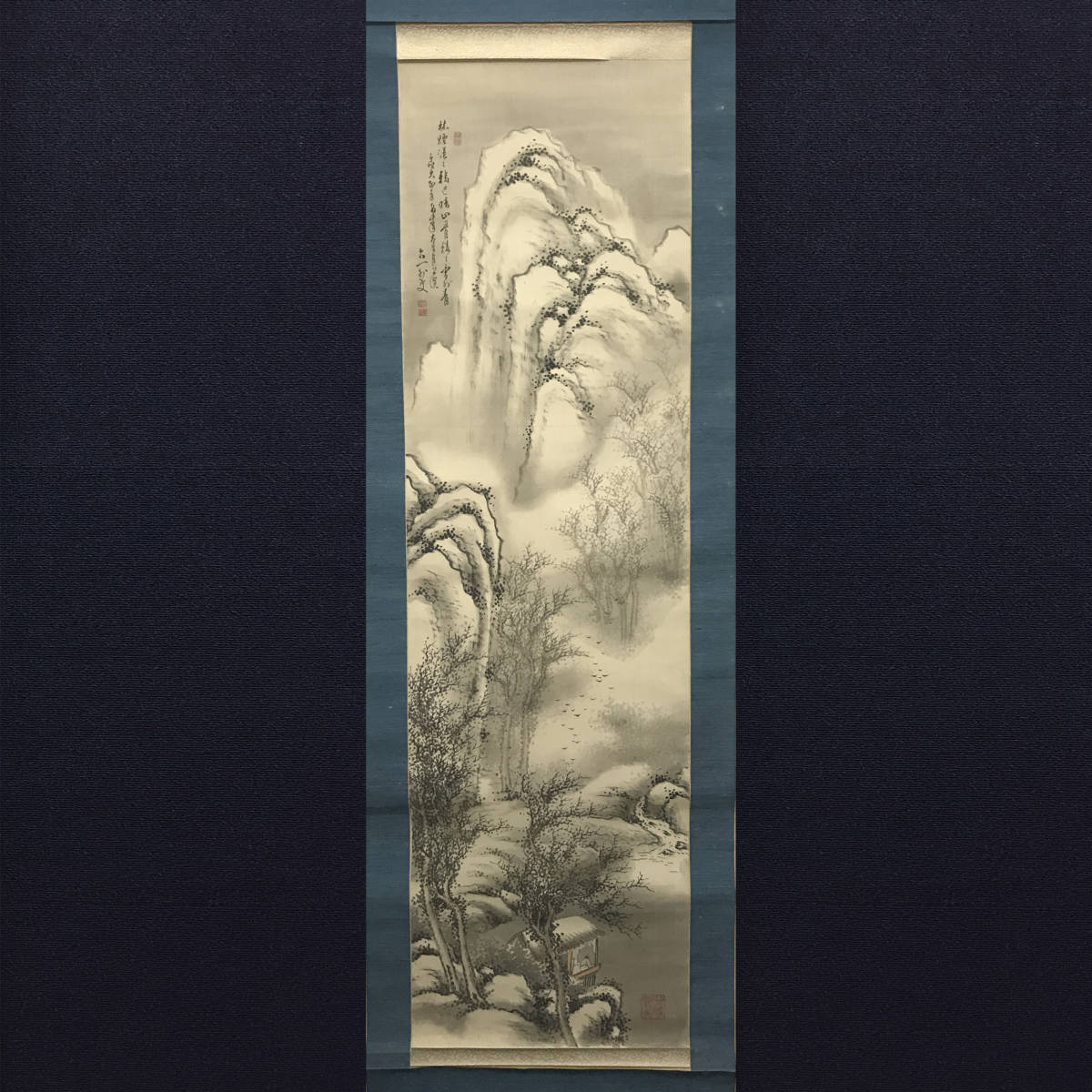 楽】田敬六一（雪景山水）日本画 南画 古美術 肉筆保証 絹本立軸 掛軸