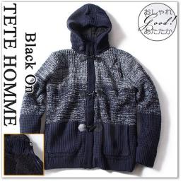 新品 Black on TETE HOMME【Lサイズ】裏ボア ニット ダッフルジップ ブルゾン フード着脱可能【紺白mix】定価29.000円 テットオムT5127