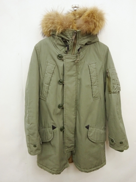マウジー moussy ミディアム丈 モッズコート 2/M 緑系 グリーン系 綿 無地 ボア裏地 ファー付きフード アウター ミリタリー レディース