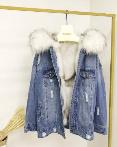2018SS】秋冬新品 レディース デニムジャケット 襟タヌキのファー 裏 