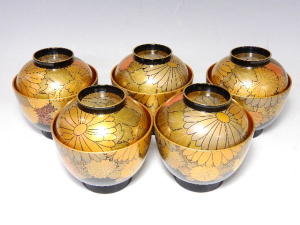 705/□花尽くし蒔絵汁椀5客 木製漆器 御椀 懐石道具 漆器
