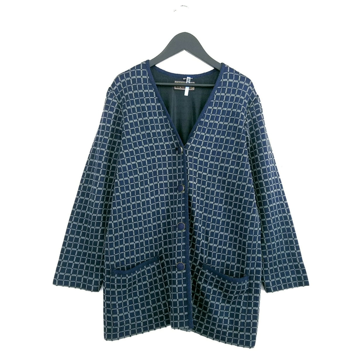 美品】斉藤都世子/洗える！ ノーカラー 格子柄 ニット ジャケット/紺 