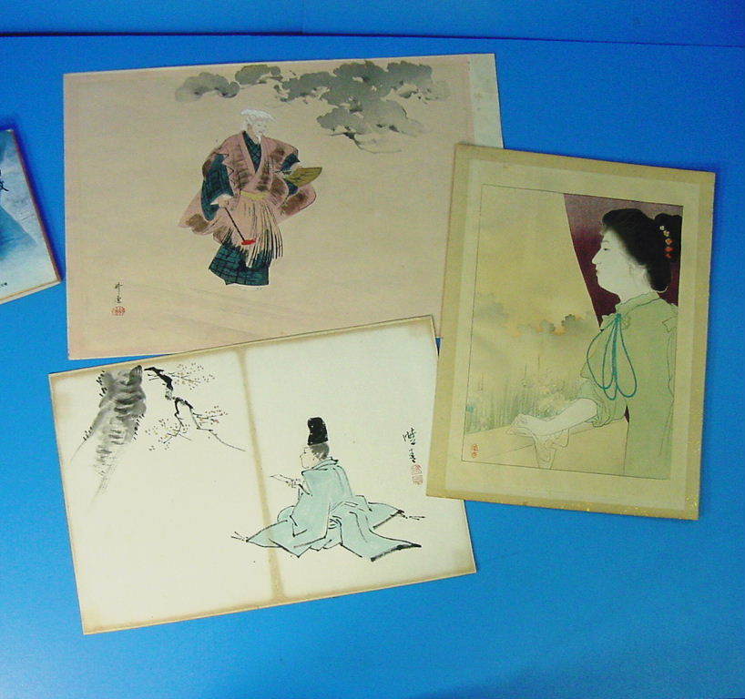 3点 梶田半古 木版 女/月岡耕漁 木版 能楽絵/土屋暁春 肉筆日本画