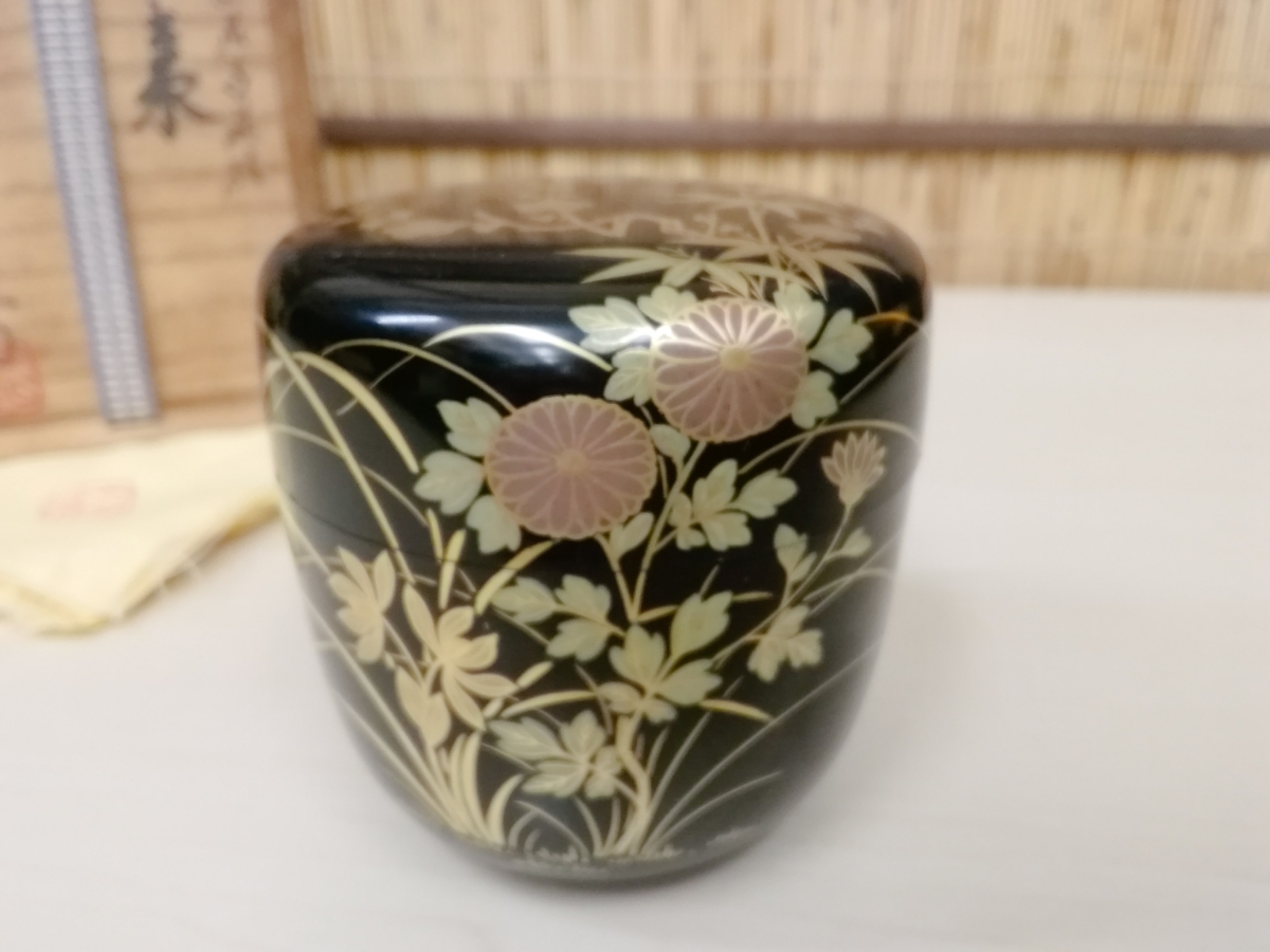 奥津一心斉造 黒塗 金蒔絵螺鈿象嵌 四君子蒔絵 棗 なつめ