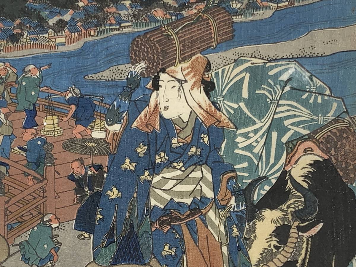 木版画 浮世絵 歌川国貞「雪のあした 」美人画 3枚続 錦絵 歌川国貞 雪