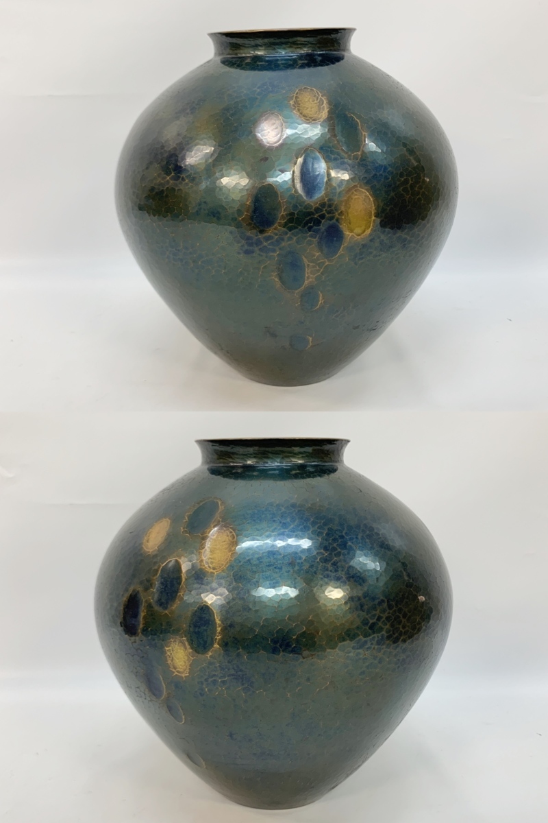 ☆玉川堂 大鎚目 銅製花瓶 鎚起銅器 鎚目模様 花器 花入 共箱 17N4④