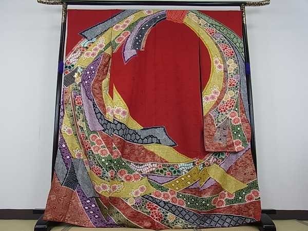 平和屋-こころ店□豪華振袖 駒刺繍 正絹 逸品 絞り 総絞り 花陶器