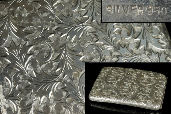 SV950刻印 シルバー 花彫 煙草入 丁銀 小箱 煙草道具 喫煙道具 骨董品 古美術品 7130da