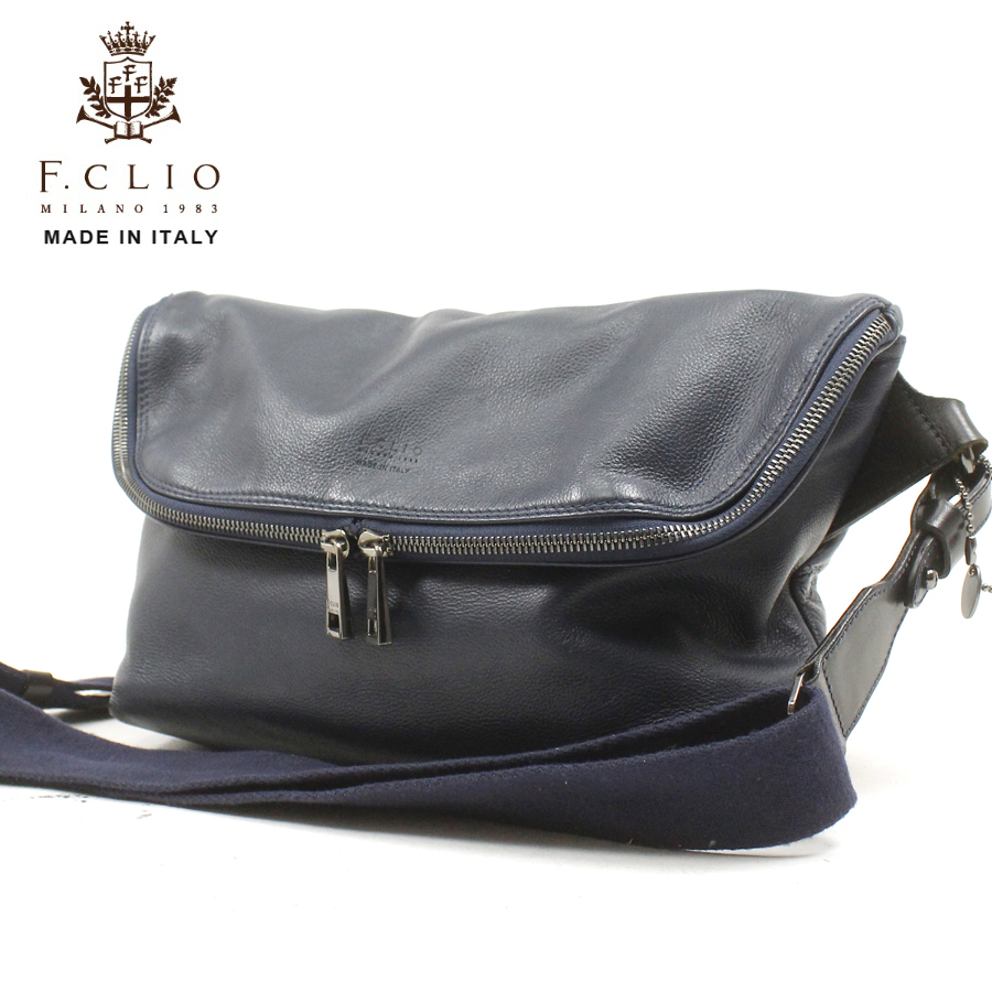 参考定価￥42，120- 美品 イタリア製 F.CLIO エフ・クリオ 牛革レザー ショルダーバッグ ネイビー 紺 メンズ