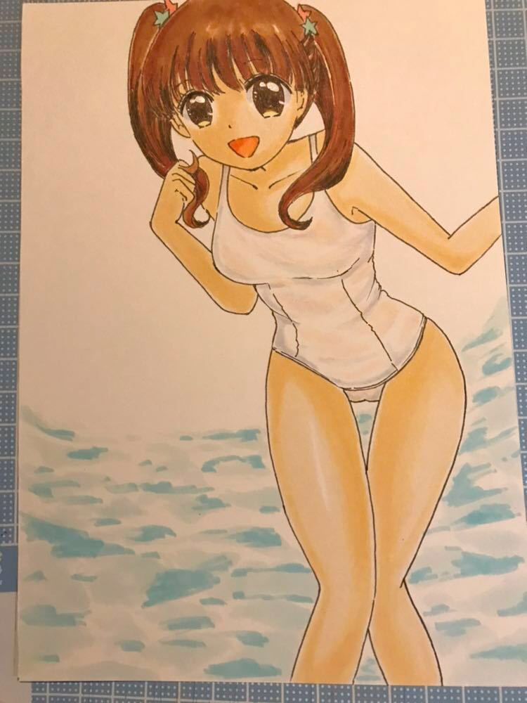 手描き イラスト 12歳。 綾瀬花日 白のスク水 約A5 オリジナル(手描き