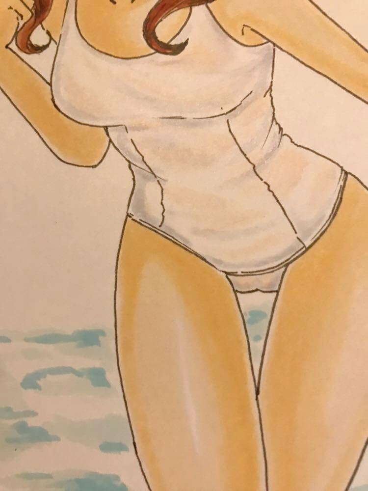 手描き イラスト 12歳。 綾瀬花日 白のスク水 約A5 オリジナル(手描き