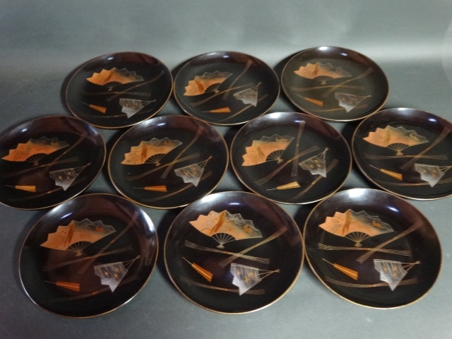 【広吉堂】古美術　輪島塗　銘々皿　木皿　菓子器　蒔絵　時代物　美品　１０枚