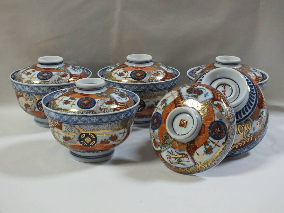 骨董品 古伊万里 月弓 金彩染錦窓絵 青海波紋 蓋付鉢 丼茶碗 有田焼