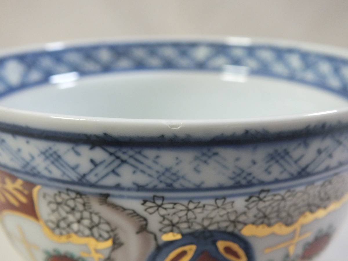 骨董品 古伊万里 月弓 金彩染錦窓絵 青海波紋 蓋付鉢 丼茶碗 有田焼